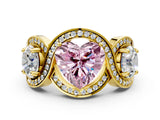 Yellow gold Three-Stone Fancy Pink Heart Cut Diamond Wave Pave Band with Prong Setting
