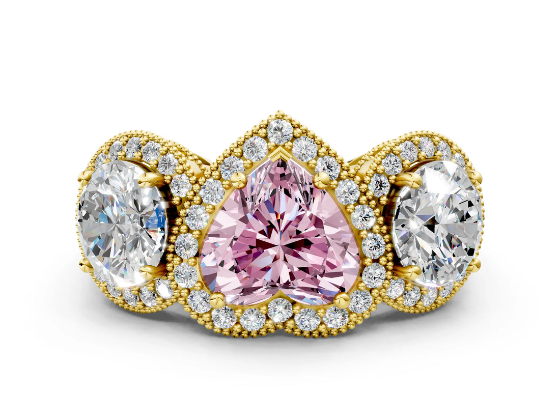 Yellow gold Three-Stone Fancy Pink Heart Cut Halo Diamond Milgrain Band with Four-Prong Setting