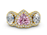 Yellow gold Three-Stone Fancy Pink Heart Cut Halo Diamond Milgrain Band with Four-Prong Setting
