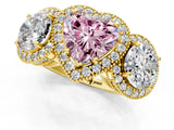 Yellow gold Three-Stone Fancy Pink Heart Cut Halo Diamond Milgrain Band with Four-Prong Setting_1