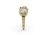 Yellow gold Three-Stone Fancy Pink Heart Cut Halo Diamond Milgrain Band with Four-Prong Setting_2