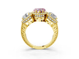 Yellow gold Three-Stone Fancy Pink Heart Cut Halo Diamond Milgrain Band with Four-Prong Setting_3