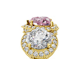 Yellow gold Three-Stone Fancy Pink Heart Cut Halo Diamond Milgrain Band with Four-Prong Setting_5