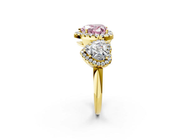 Yellow gold Three-Stone Fancy Pink Heart Cut Halo Diamond Ring with Pave Band and Four-Prong Setting