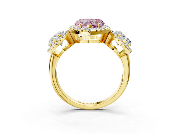 Yellow gold Three-Stone Fancy Pink Heart Cut Halo Diamond Ring with Pave Band and Four-Prong Setting