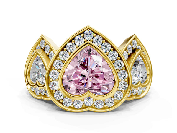 Yellow gold Three-Stone Fancy Pink Heart Cut Halo Pavé Diamond Ring