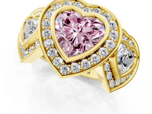 Yellow gold Three-Stone Fancy Pink Heart Cut Halo Pavé Diamond Ring