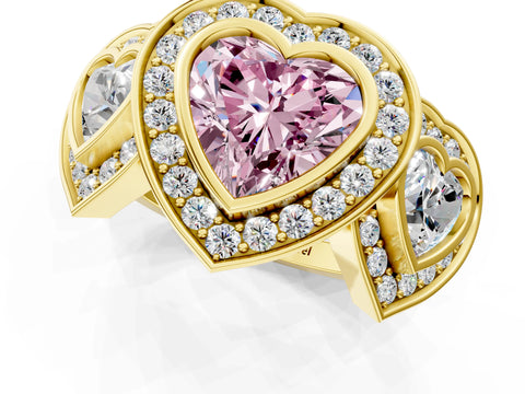 Yellow gold Three-Stone Fancy Pink Heart Cut Halo Pavé Diamond Ring_1