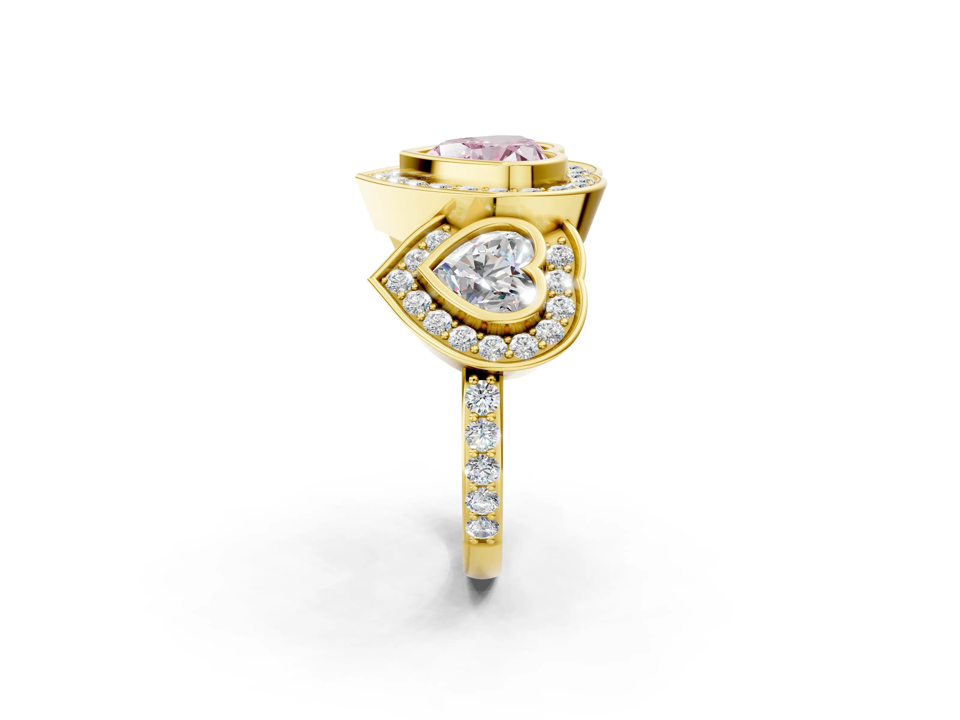 Yellow gold Three-Stone Fancy Pink Heart Cut Halo Pavé Diamond Ring_2