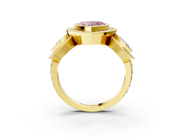 Yellow gold Three-Stone Fancy Pink Heart Cut Halo Pavé Diamond Ring