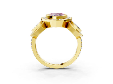 Yellow gold Three-Stone Fancy Pink Heart Cut Halo Pavé Diamond Ring_3