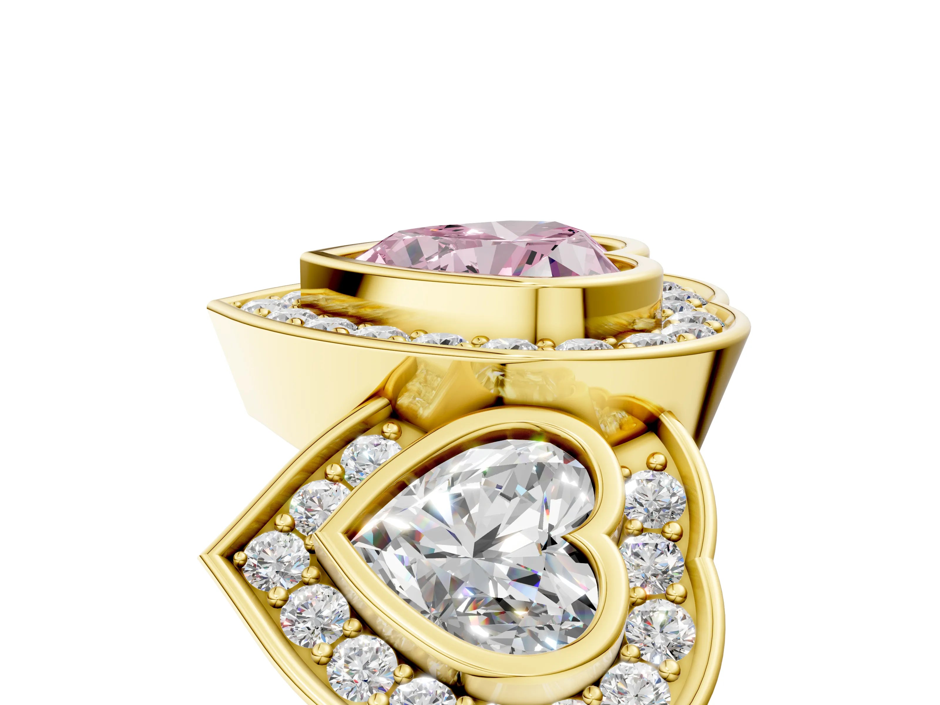 Yellow gold Three-Stone Fancy Pink Heart Cut Halo Pavé Diamond Ring_5