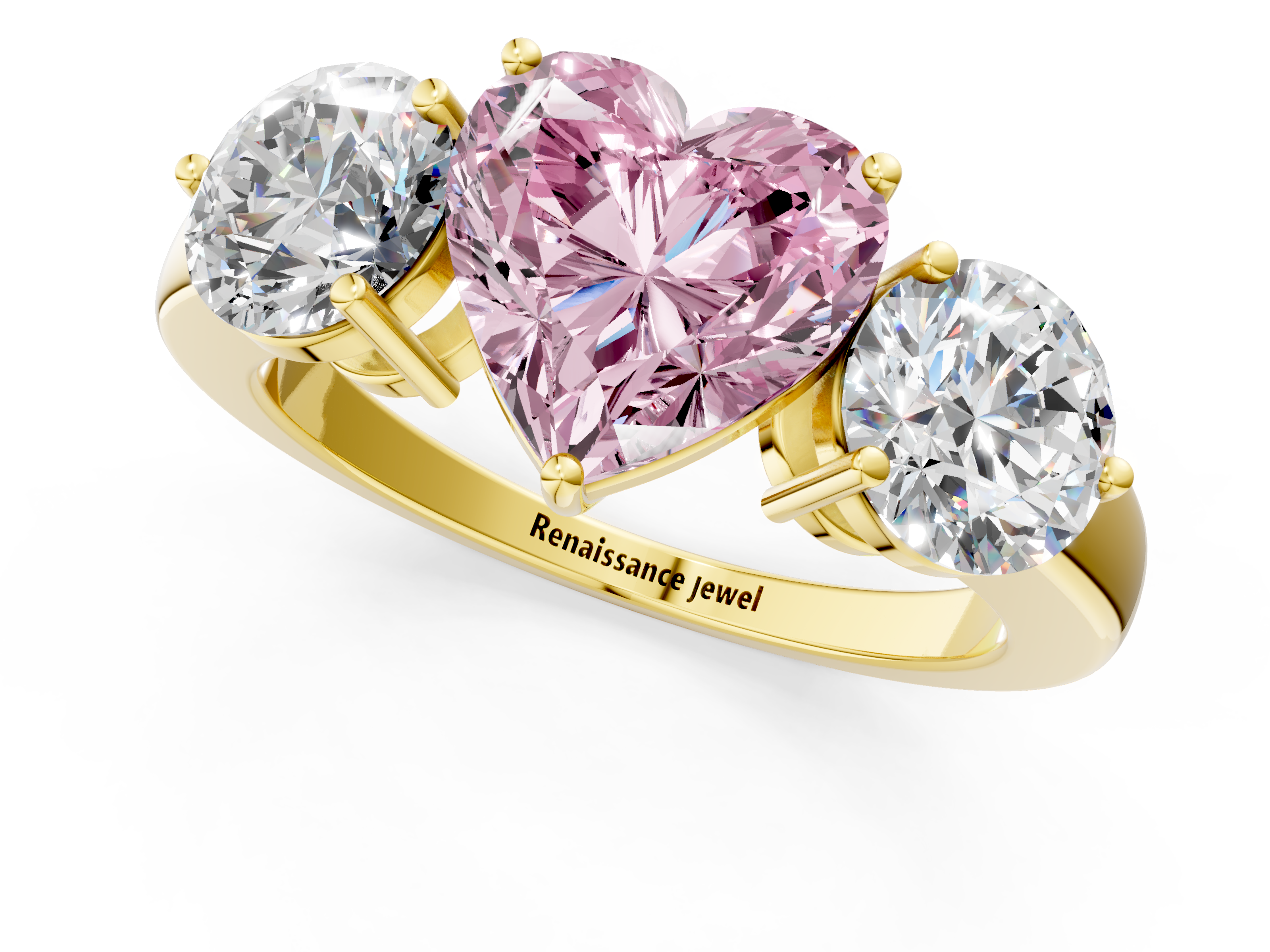 Yellow gold Three-Stone Fancy Pink Heart  Cut Solitaire Ring with Prong Setting on a Classic Band_78