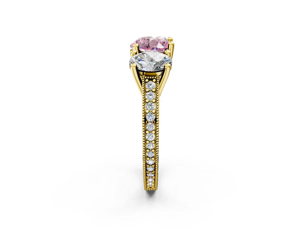 Yellow gold Three-Stone Fancy Pink Heart  Diamond Milgrain Pave Band with Prong Setting