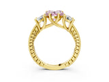 Yellow gold Three-Stone Fancy Pink Heart  Diamond Milgrain Pave Band with Prong Setting 3