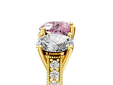 Yellow gold Three-Stone Fancy Pink Heart  Diamond Milgrain Pave Band with Prong Setting 5