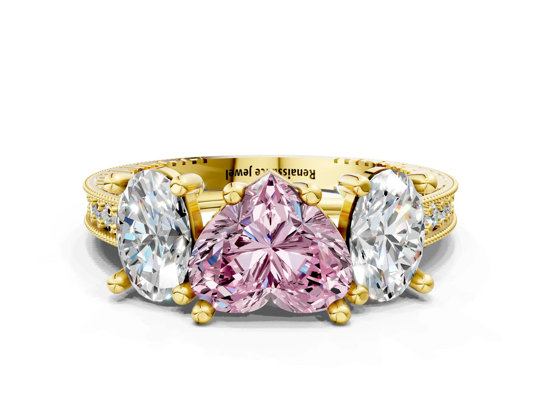 Yellow gold Three-Stone Fancy Pink Heart  Diamond Milgrain Pave Band with Prong Setting