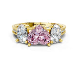 Yellow gold Three-Stone Fancy Pink Heart  Diamond Milgrain Pave Band with Prong Setting