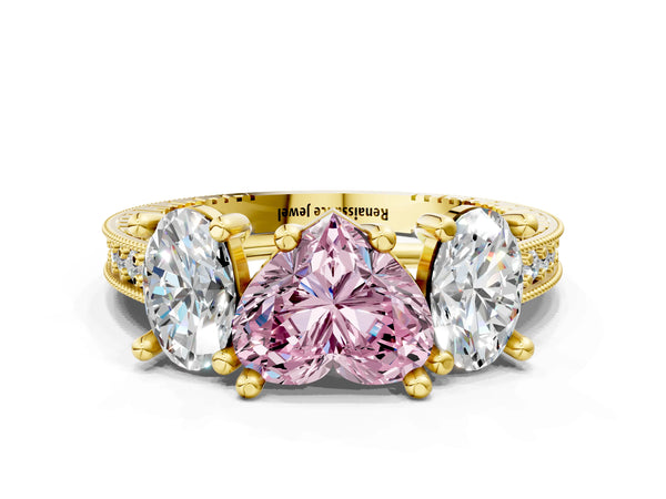 Yellow gold Three-Stone Fancy Pink Heart  Diamond Milgrain Pave Band with Prong Setting