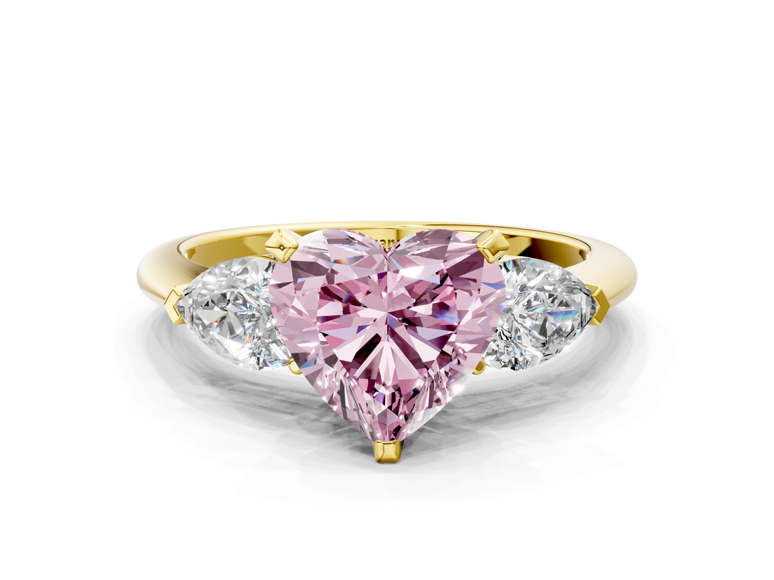 Yellow gold Three-Stone Fancy Pink Heart  Diamond Ring with Pear Side Stones in Four-Prong Setting_24