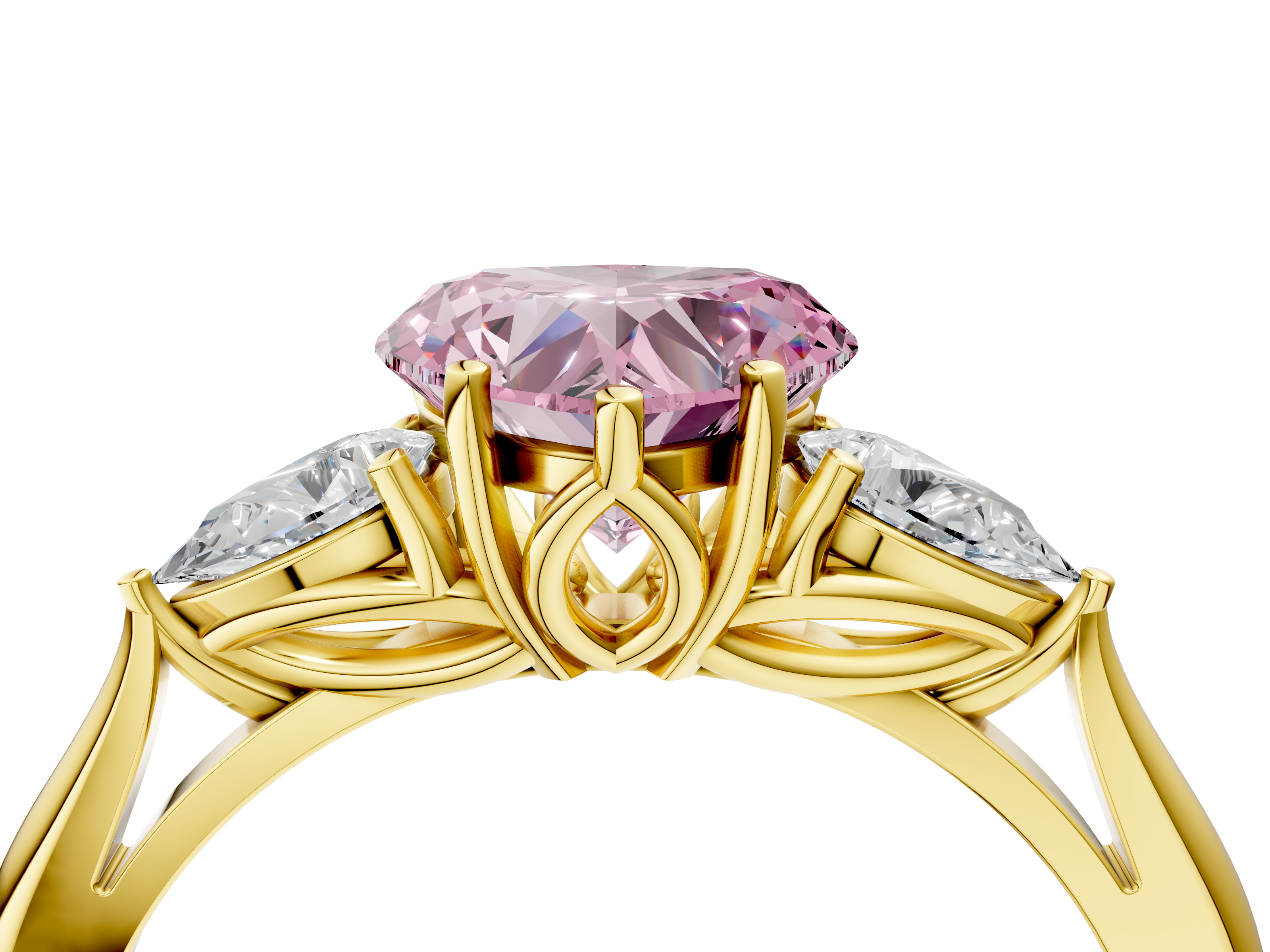 Yellow gold Three-Stone Fancy Pink Heart  Diamond Solitaire Ring with Pear Side Stones and Four-Prong Setting_47