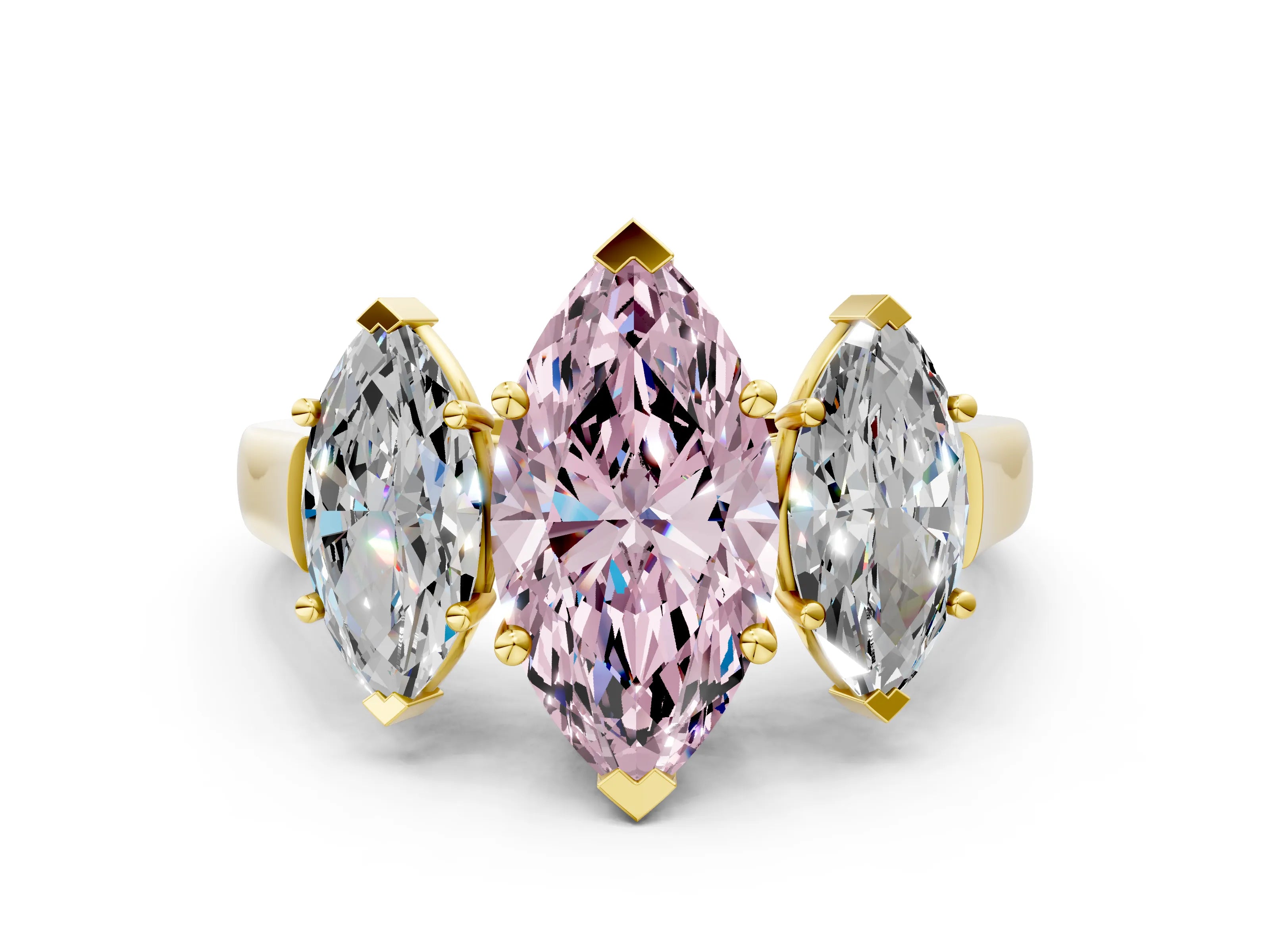 Yellow gold Three-Stone Fancy Pink Marquise Cut Brilliant Diamond Trellis Ring with Comfort Fit Band