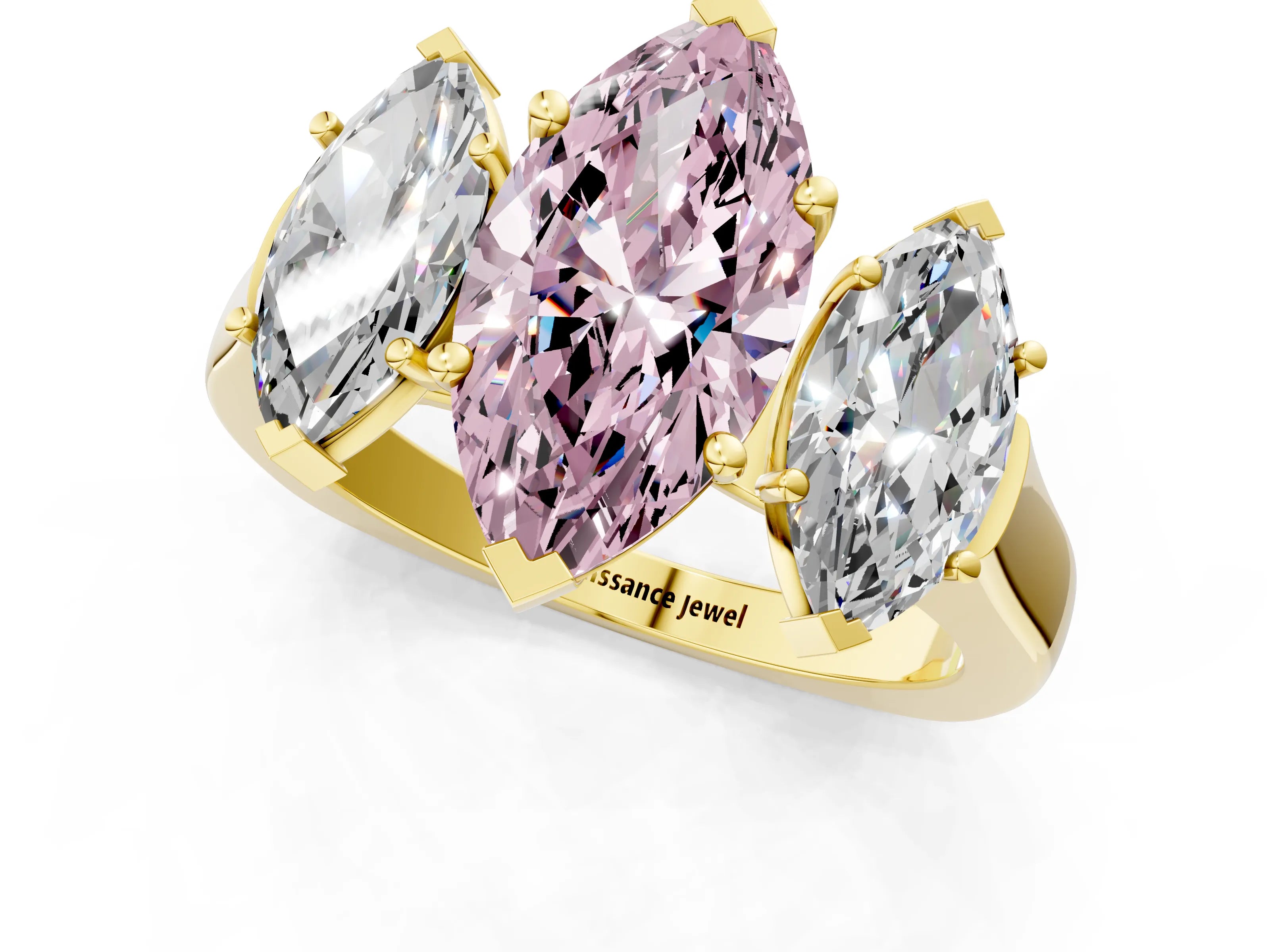 Yellow gold Three-Stone Fancy Pink Marquise Cut Brilliant Diamond Trellis Ring with Comfort Fit Band_1