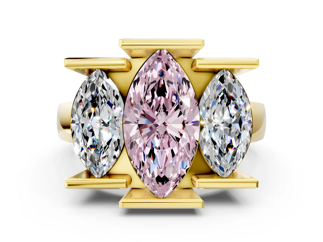Yellow gold Three Stone Fancy Pink Marquise Cut Cut Channel Set Diamond Ring