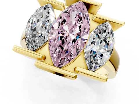 Yellow gold Three Stone Fancy Pink Marquise Cut Cut Channel Set Diamond Ring_1