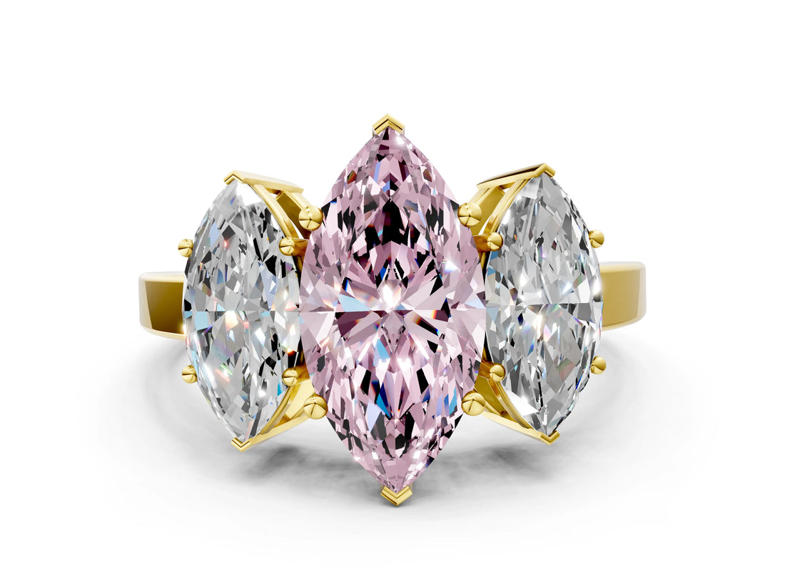 Yellow gold Three-Stone Fancy Pink Marquise Cut Cut Diamond Engagement Ring with Flat Band and Four-Prong Setting_12