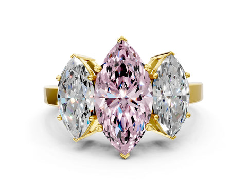 Yellow gold Three-Stone Fancy Pink Marquise Cut Cut Diamond Engagement Ring with Flat Band and Four-Prong Setting