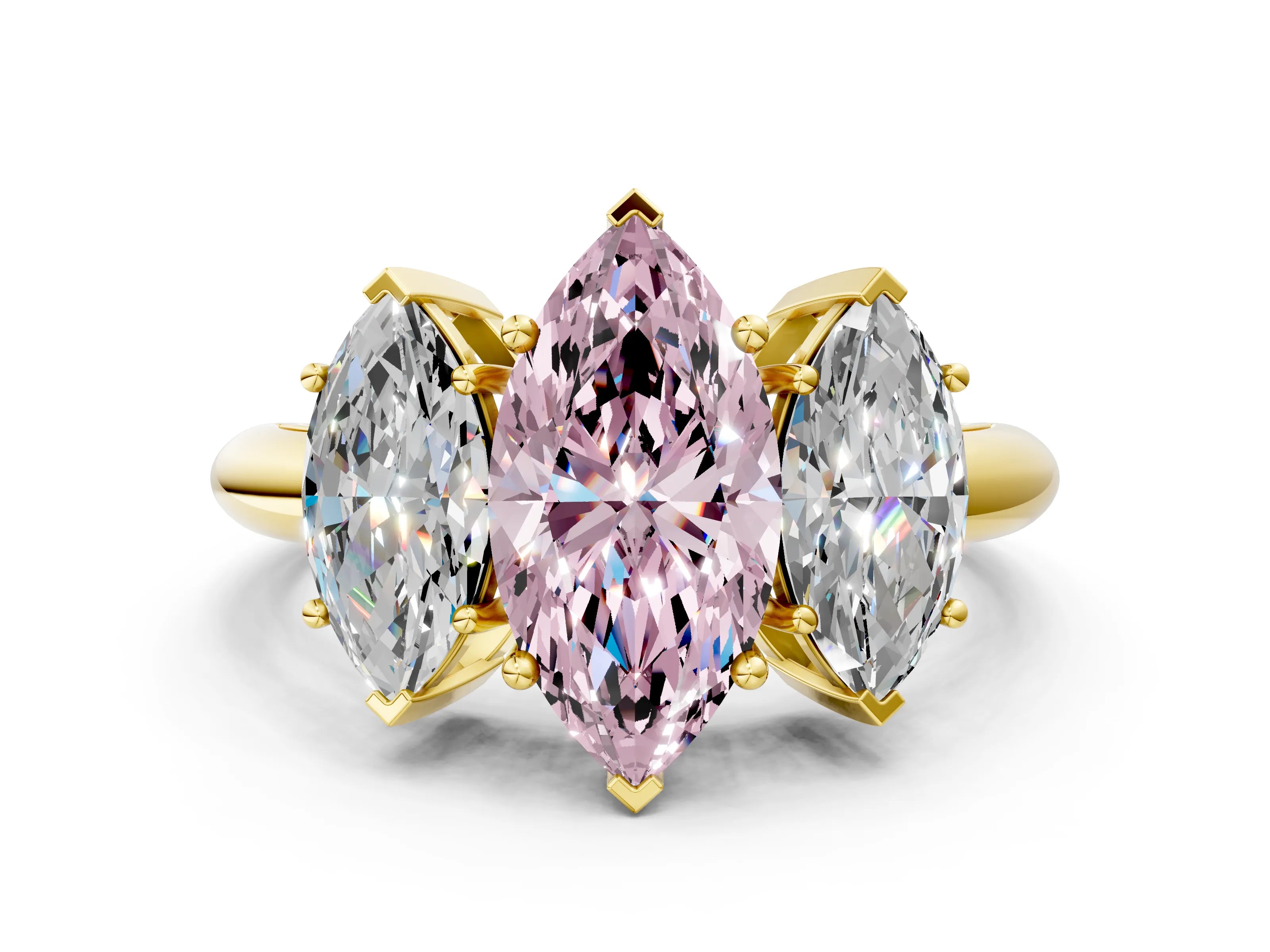 Yellow gold Three-Stone Fancy Pink Marquise Cut Cut Diamond Engagement Ring with Prong Setting on a White Gold Band_48