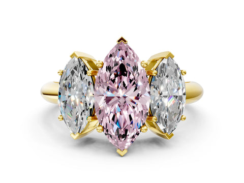 Yellow gold Three-Stone Fancy Pink Marquise Cut Cut Diamond Engagement Ring with Prong Setting on a White Gold Band