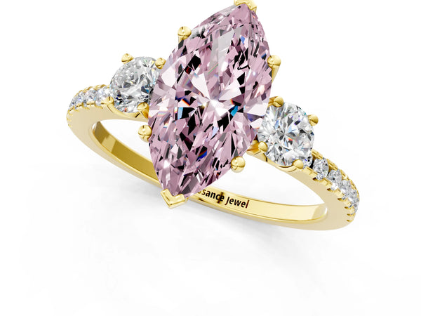 Yellow gold Three-Stone Fancy Pink Marquise Cut Cut Diamond Pavé Band with Prong Setting
