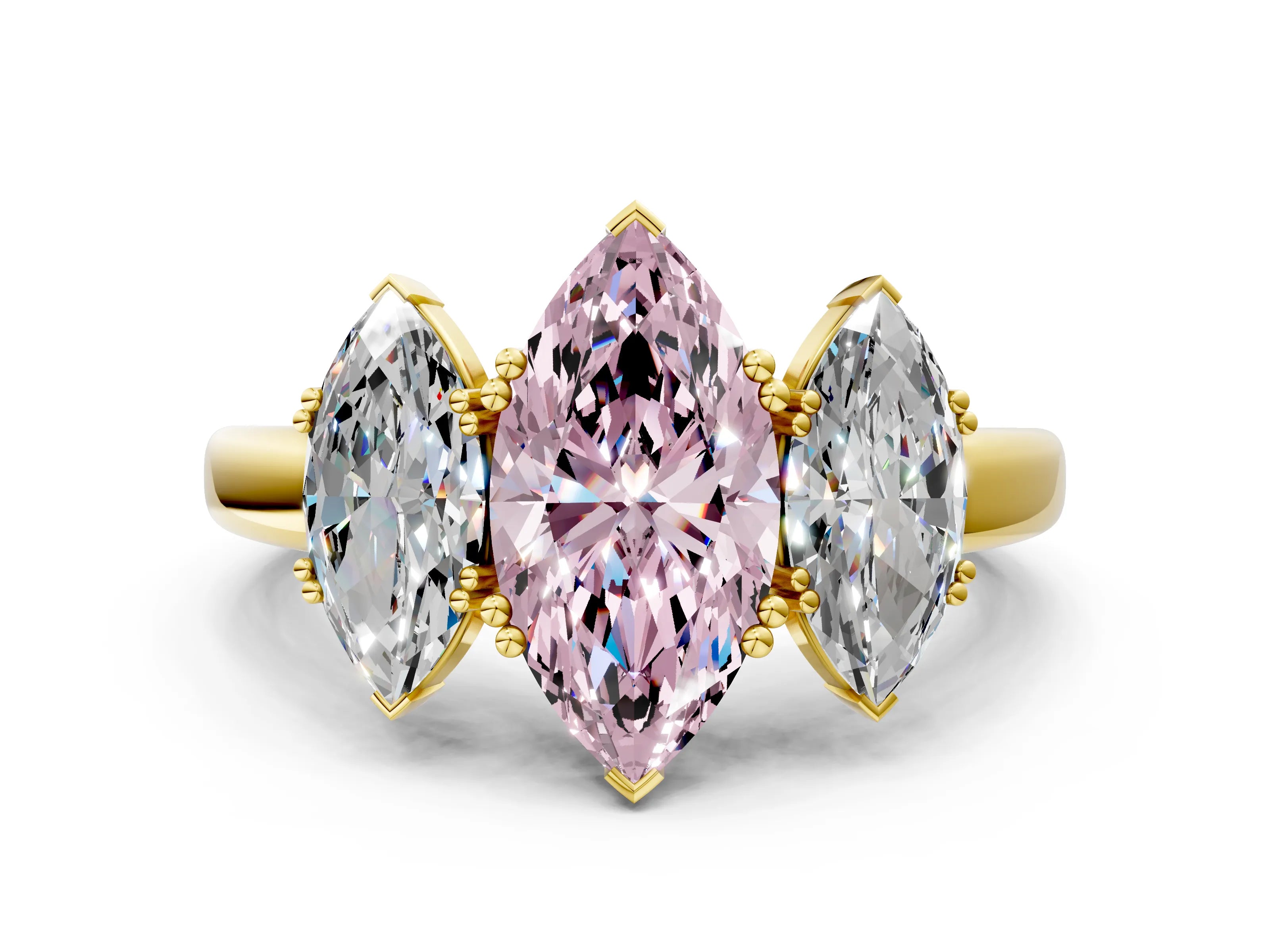 Yellow gold Three-Stone Fancy Pink Marquise Cut Cut Diamond Ring with Channel Set Band and Four-Prong Setting