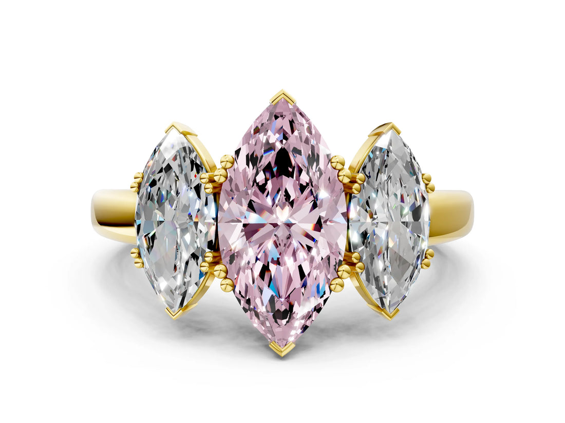 Yellow gold Three-Stone Fancy Pink Marquise Cut Cut Diamond Ring with Channel Set Band and Four-Prong Setting