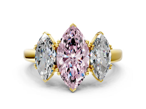 Yellow gold Three-Stone Fancy Pink Marquise Cut Cut Diamond Ring with Channel Set Band and Four-Prong Setting