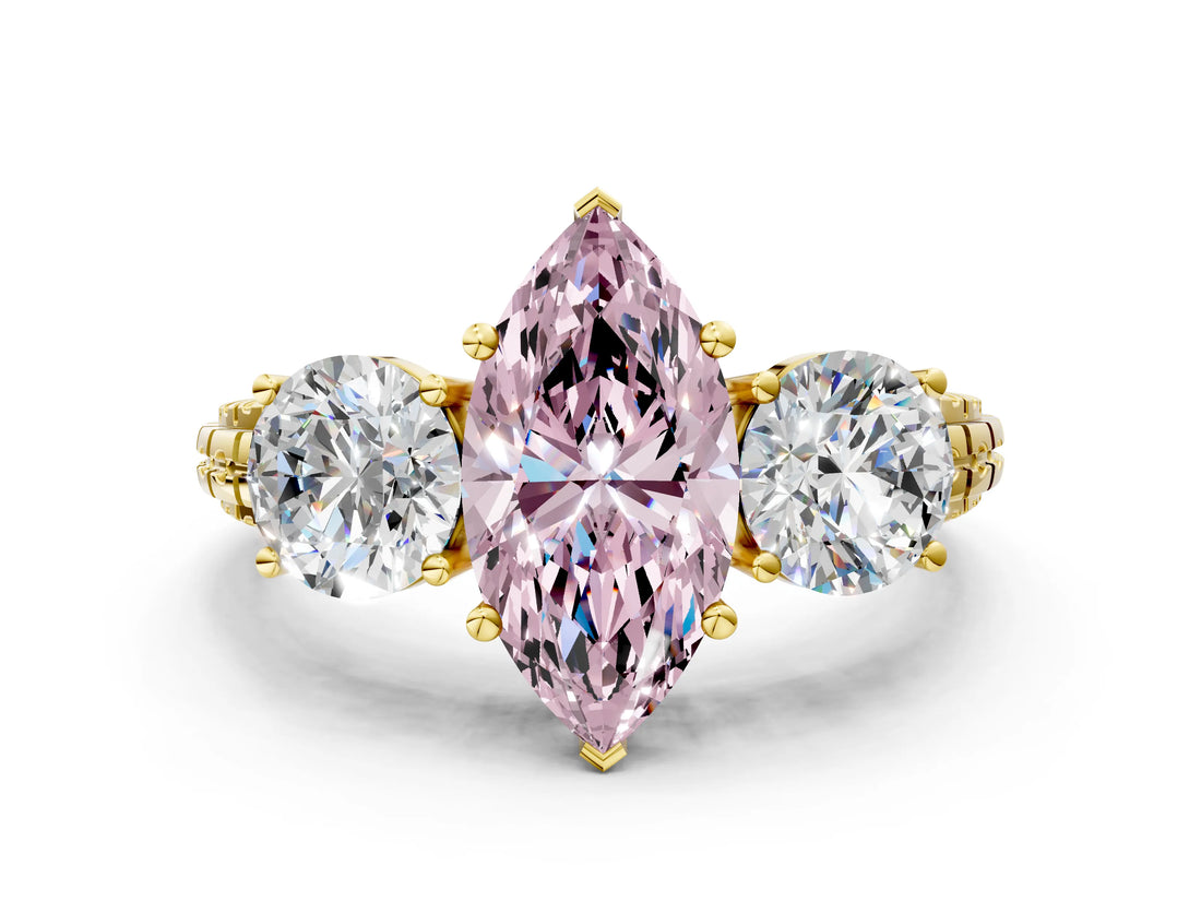 Yellow gold Three-Stone Fancy Pink Marquise Cut Cut Diamond Ring with Channel-Set Band and Prong Setting