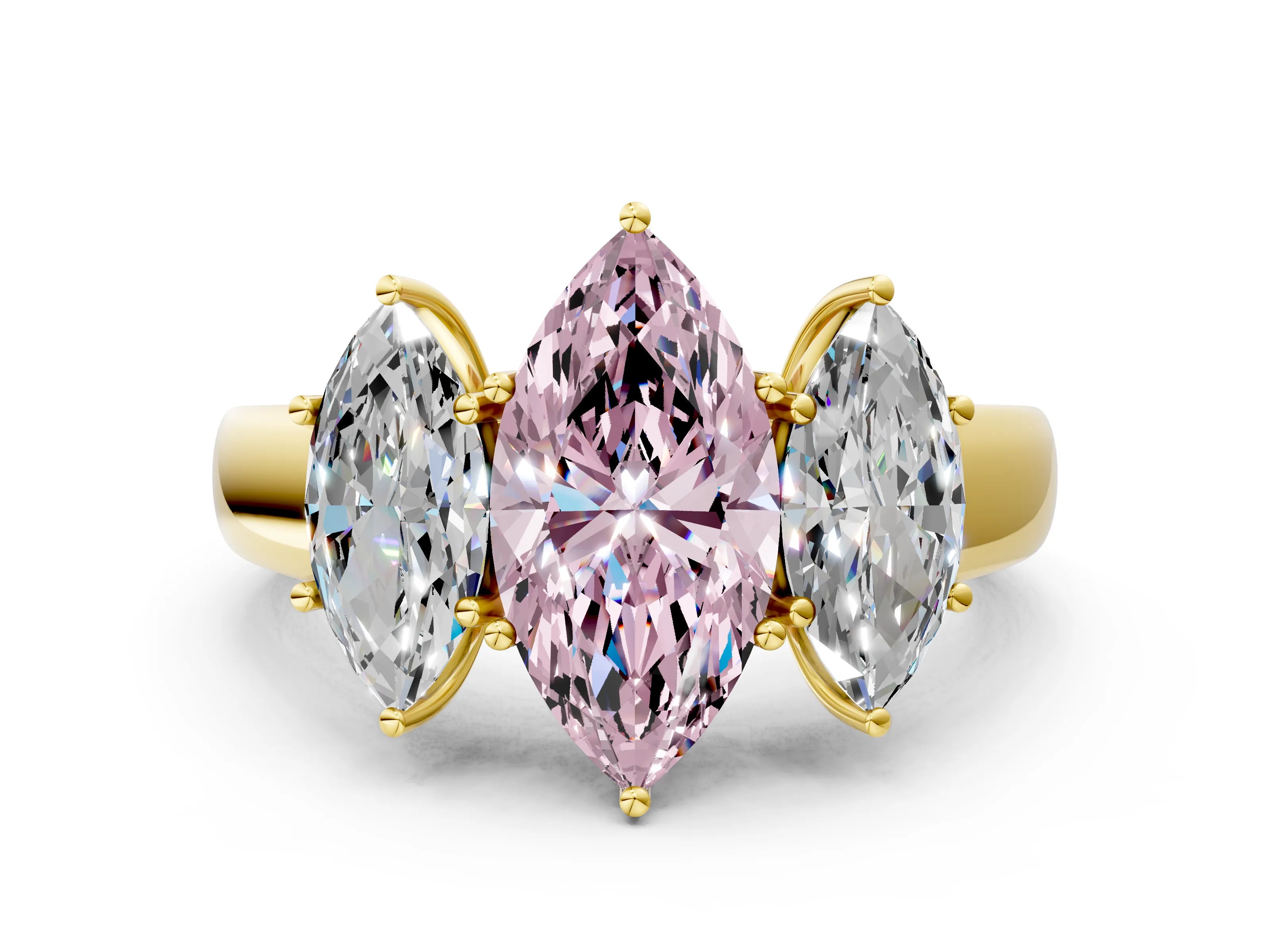 Yellow gold Three-Stone Fancy Pink Marquise Cut Cut Diamond Ring with Prong Setting and Classic Band