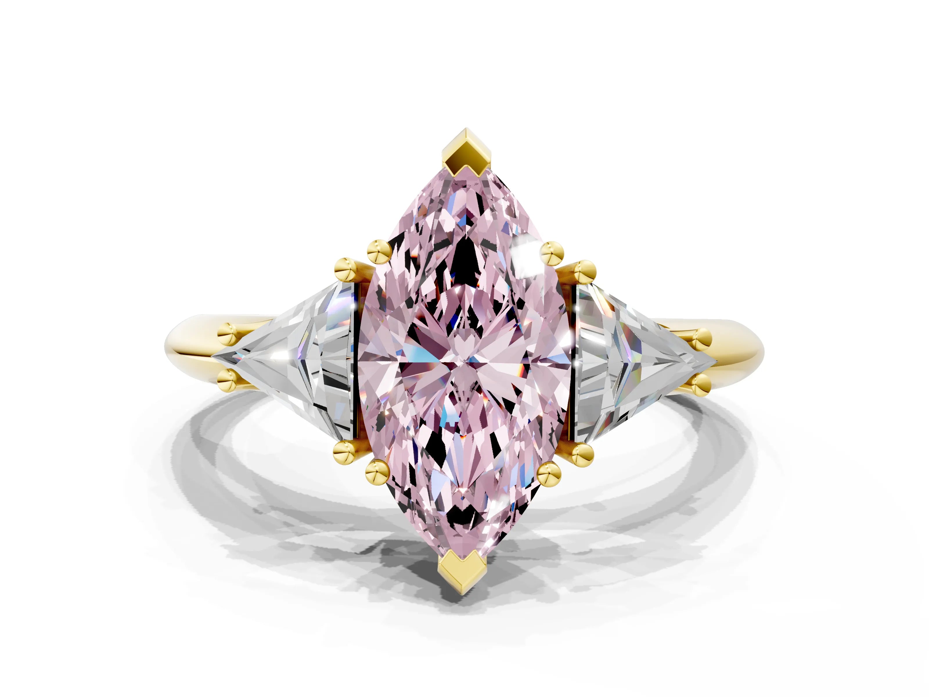 Yellow gold Three-Stone Fancy Pink Marquise Cut Cut Diamond Ring with Trillion Side Stones and Four-Prong Setting_3