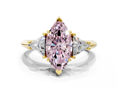 Yellow gold Three-Stone Fancy Pink Marquise Cut Cut Diamond Ring with Trillion Side Stones and Four-Prong Setting_3
