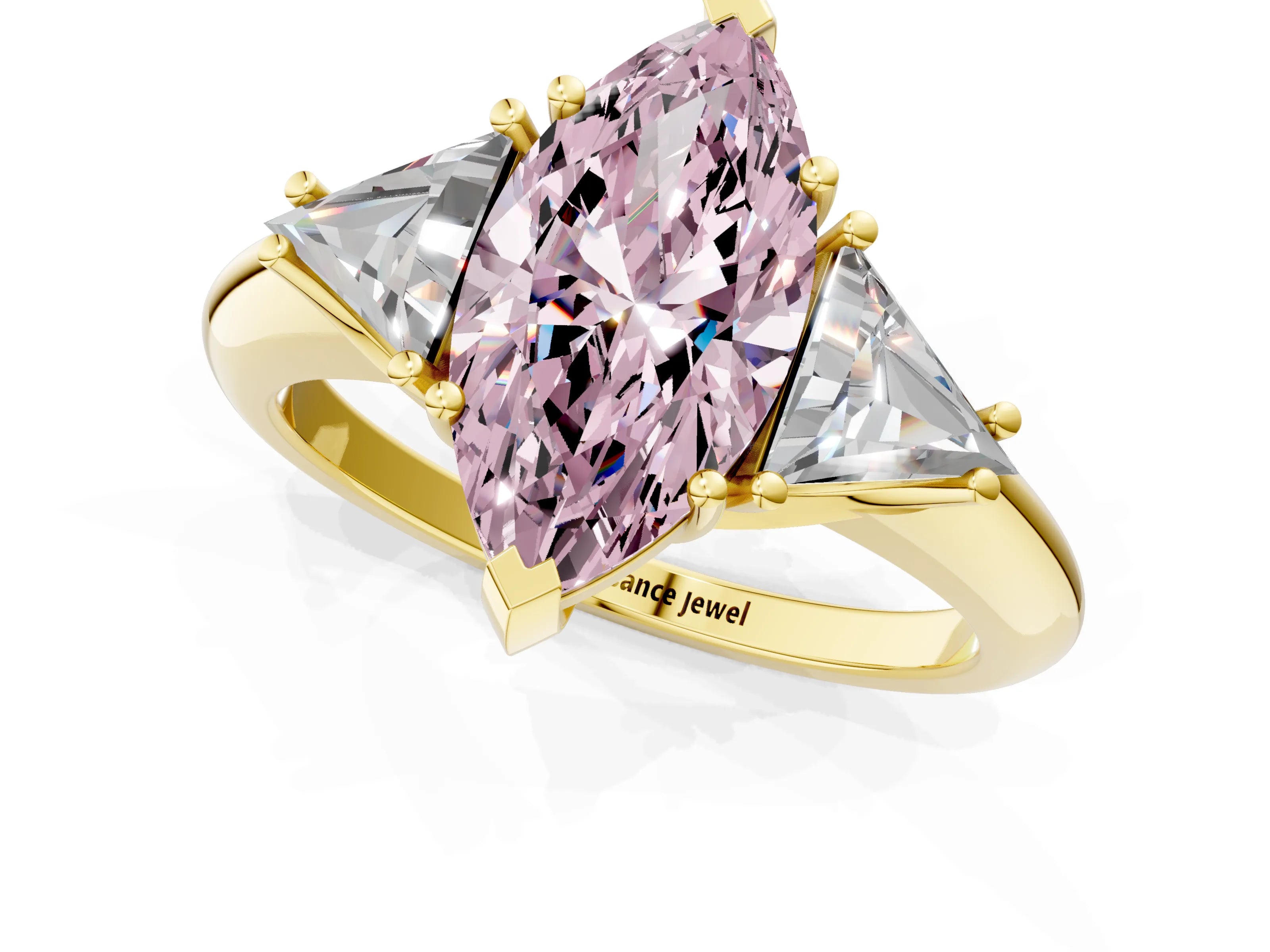 Yellow gold Three-Stone Fancy Pink Marquise Cut Cut Diamond Ring with Trillion Side Stones and Four-Prong Setting_4