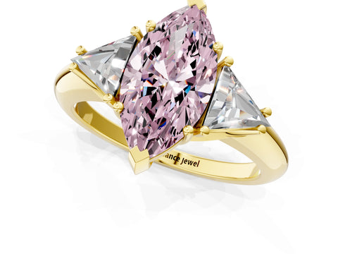 Yellow gold Three-Stone Fancy Pink Marquise Cut Cut Diamond Ring with Trillion Side Stones and Four-Prong Setting_4