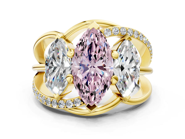Yellow Gold Marquise Three Stone Split Shank Engagement Ring Setting for Fancy Pink Center