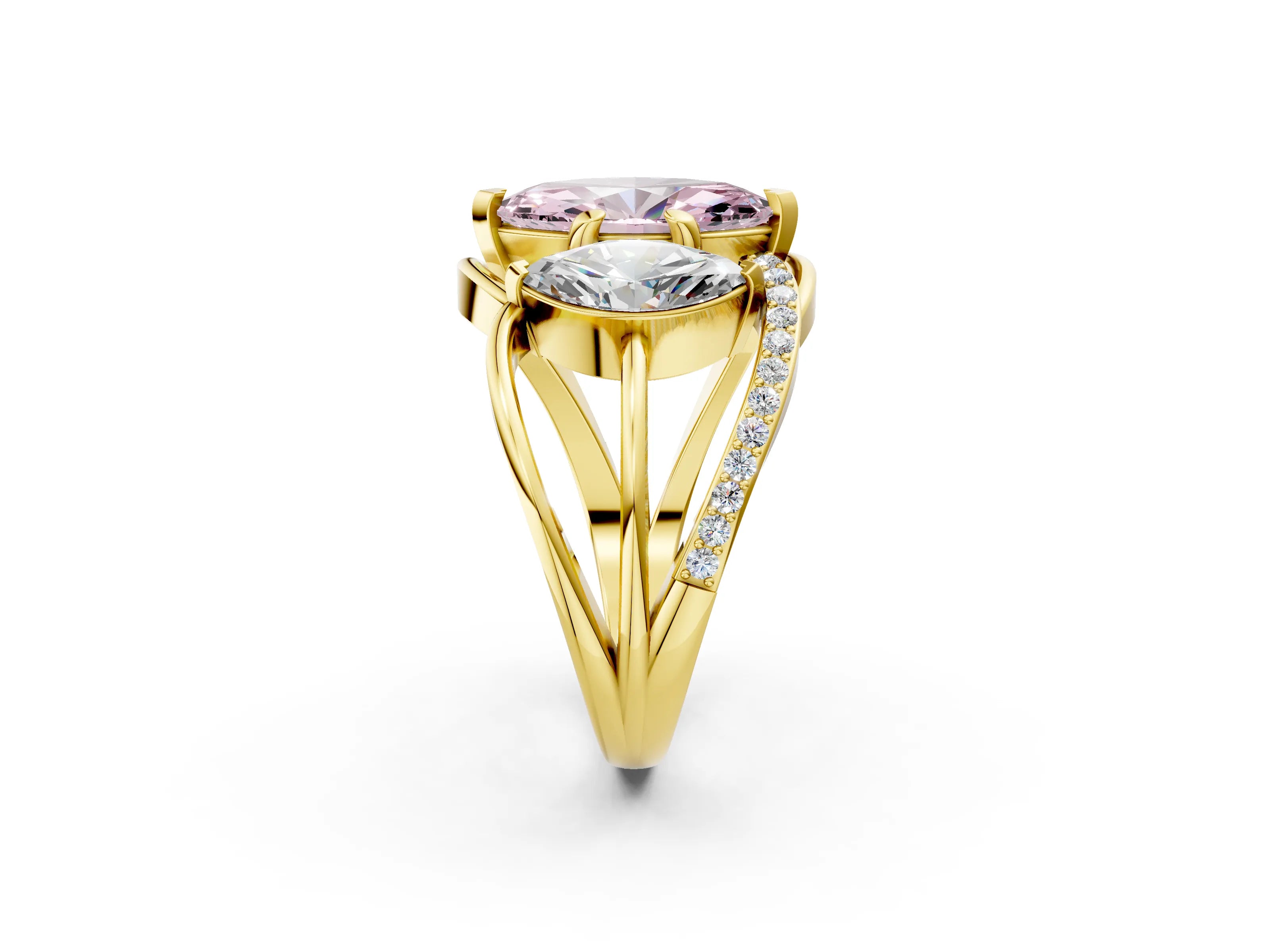 Yellow gold Three-Stone Fancy Pink Marquise Cut Cut Diamond Split Shank Prong Set Ring_2