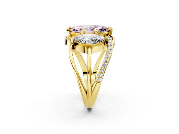 Yellow Gold Marquise Three Stone Split Shank Engagement Ring Setting for Fancy Pink Center