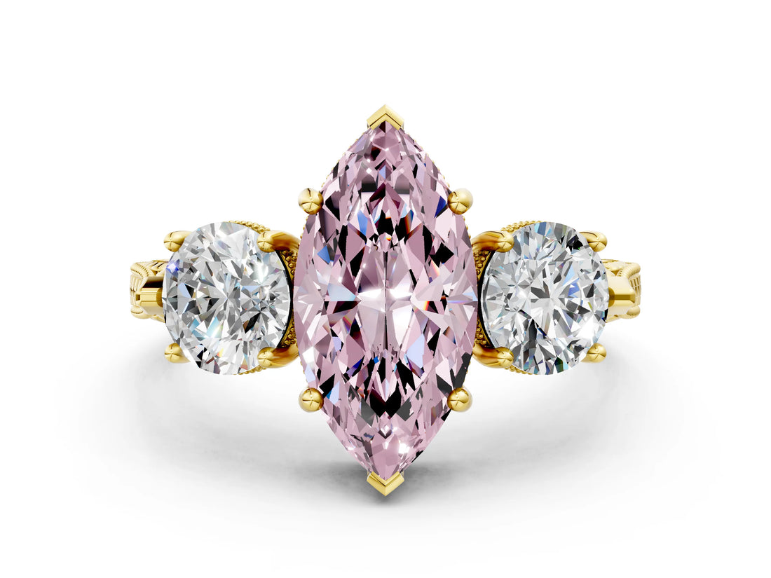 Yellow gold Three-Stone Fancy Pink Marquise Cut Cut Milgrain Band Prong Setting Ring
