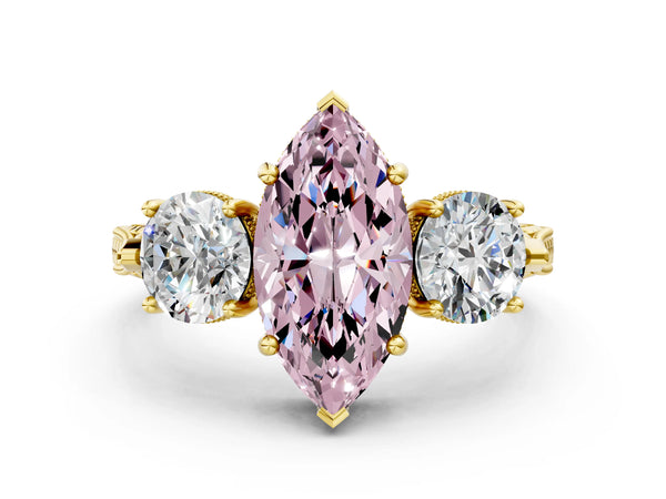 Yellow Gold Marquise Vintage Three Stone Engagement Ring Setting for Fancy Pink Center
