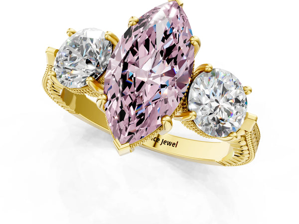 Yellow Gold Marquise Vintage Three Stone Engagement Ring Setting for Fancy Pink Center