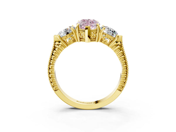 Yellow Gold Marquise Vintage Three Stone Engagement Ring Setting for Fancy Pink Center
